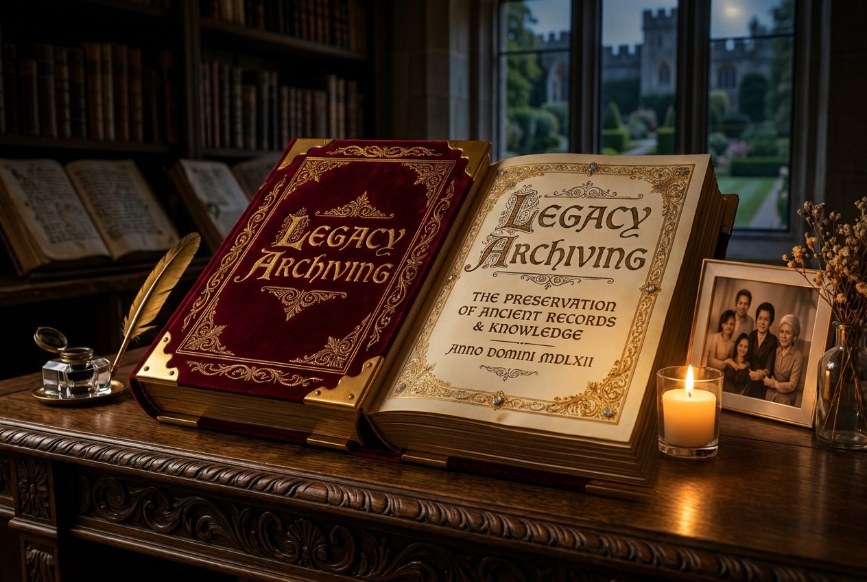 가죽 장정 책 위에 'LEGACY ARCHIVING'이라는 제목이 새겨진 사진